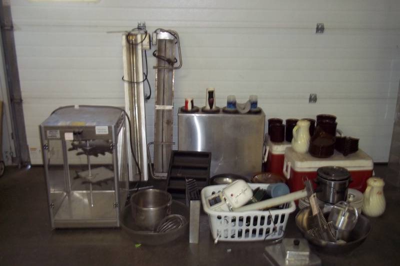 lot 6 image: Misc. Restaurant equipment, cup dispenser with extra gaskets, display case, food holding warmers,misc. dishes, pans, crock pots,coolers,etc.