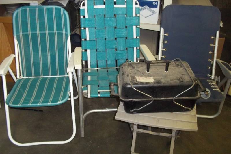 lot 20 image: 3 folding chairs, folding, propane camp grill. Ready for the lake