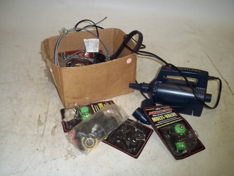 lot 110 image: Air pump with various adapters, misc.