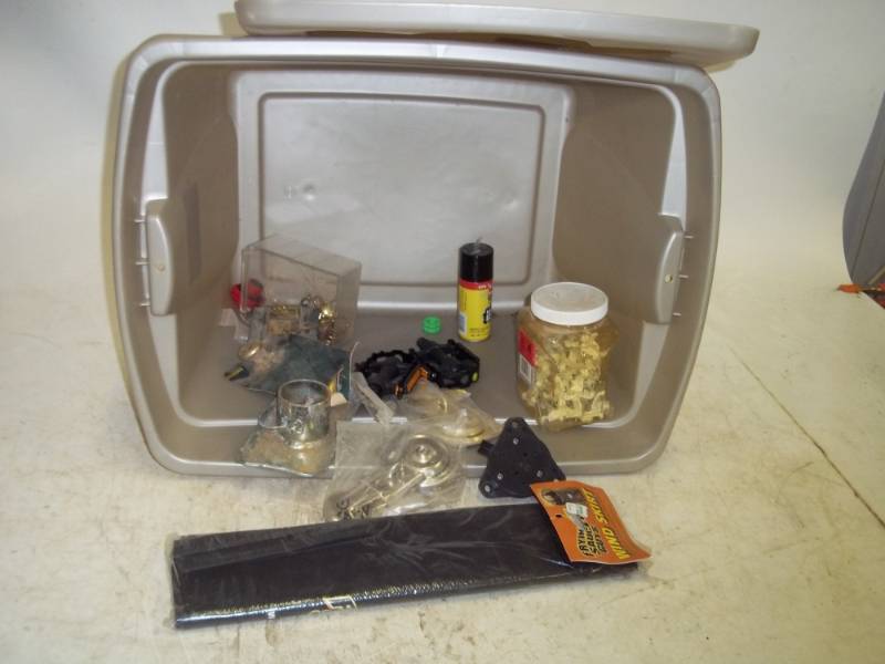 lot 111 image: Plastic Tote with misc. items