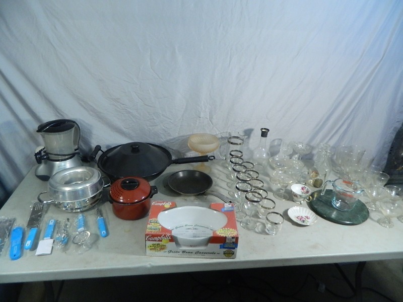 Vintage Glassware, Cocoa Latte Maker, Pans, and More