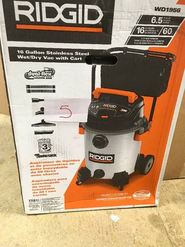 lot 5 image: Ridgid 16 Gal. 6.5-Peak HP Stainless Steel Wet Dry Vac in like new condition