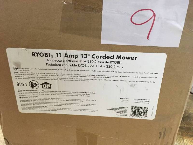 lot 9 image: Ryobi 13 in. 11 Amp Corded Electric Walk Behind Push Mower not used