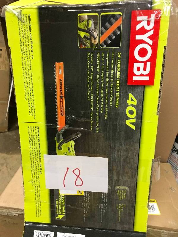 lot 18 image: Ryobi 24 in. 40-Volt Lithium-Ion Cordless Hedge Trimmer - Battery and Charger Not Included not used