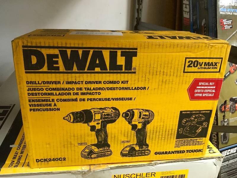 lot 20 image: DeWalt 20-Volt MAX Lithium-Ion Cordless DrillDriver and Impact Combo Kit (2-Tool) with (2) Batteries 1.3Ah, Charger and Bag not used