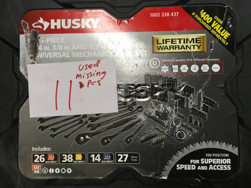 lot 11 image: Husky 14 in., 38 in. and 12 in. Drive 100-Position Universal SAE and Metric Mechanics Tool Set used missing pieces