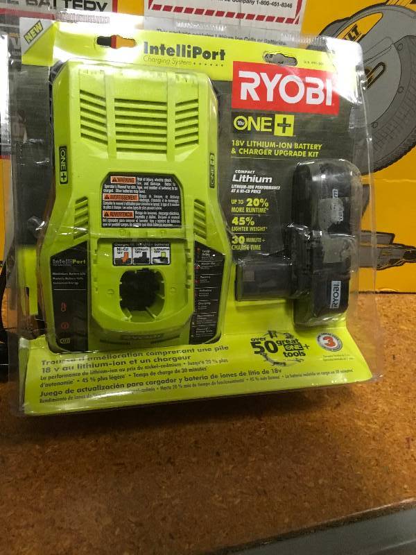 lot 24 image: Ryoby 18-Volt ONE Lithium-Ion Battery Pack 1.3Ah and Dual Chemistry IntelliPort Charger Upgrade Kit not used like new