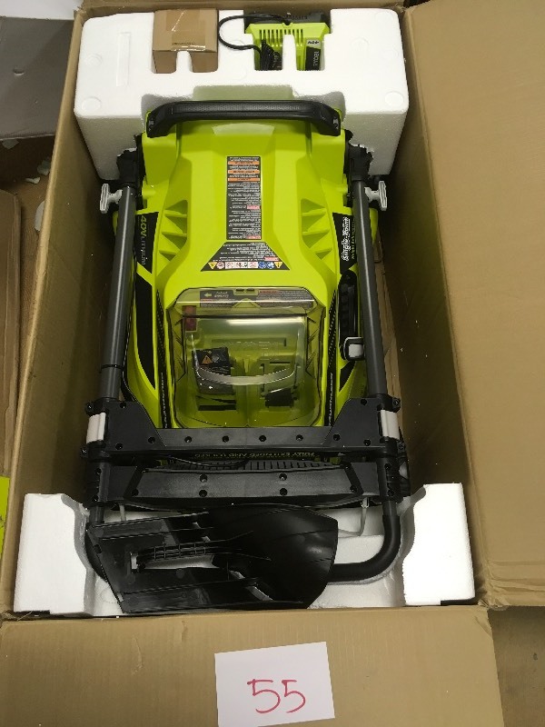 lot 55 image: Ryobi 20 in. 40-Volt Brushless Lithium-Ion Cordless Battery Walk Behind Push Lawn Mower 5.0 Ah Battery not used