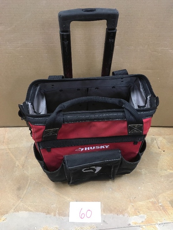 lot 60 image: Husky Storage Tool Tote Bag 18 In. Rolling Telescoping Handle Large Compartment in like new condition
