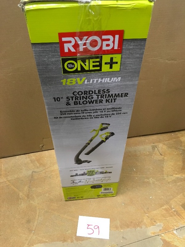 lot 59 image: Ryobi String Trimmer Edger Blower 18V Li-Ion Compact Lightweight Battery Charger in like new condition