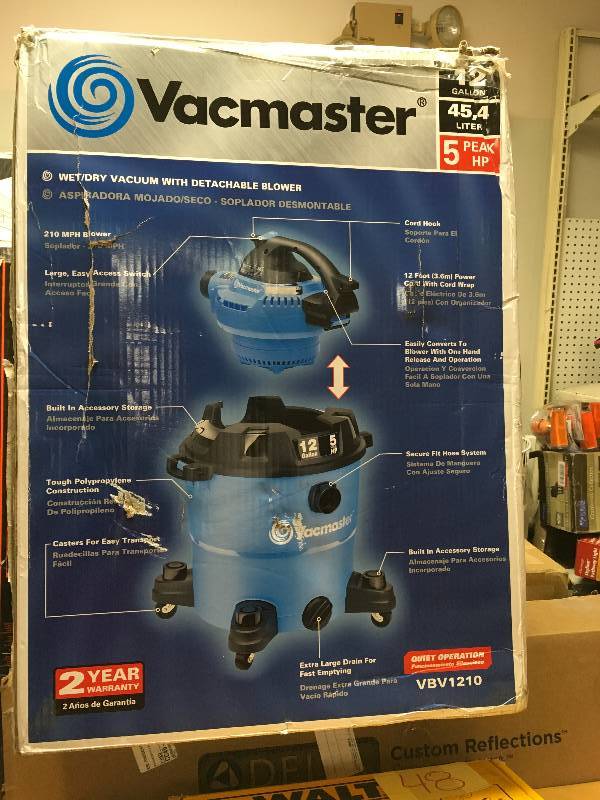 lot 49 image: Vacmaster 12 Gallon, 5 Peak HP, WetDry Vacuum with Detachable Blower, VBV1210 open box like new