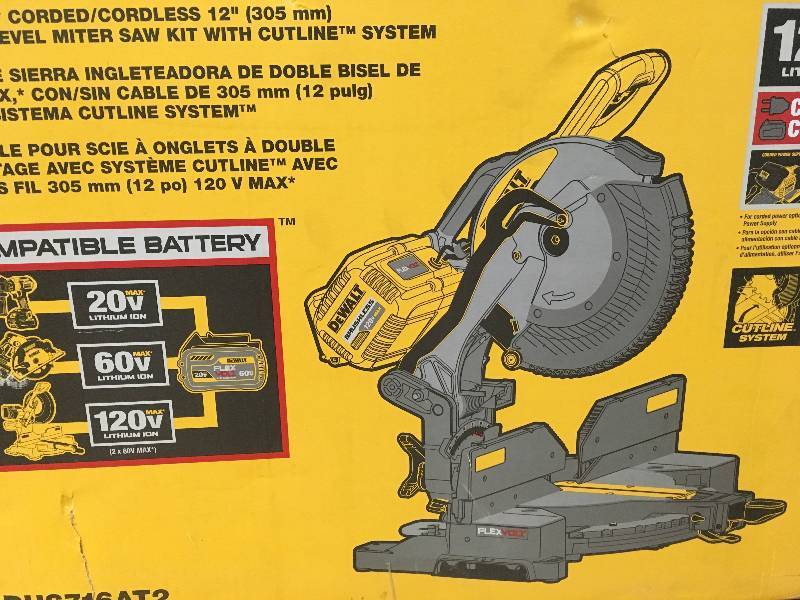lot 1 image: DEWALT FLEXVOLT 120-Volt MAX Lithium-Ion Cordless Brushless 12 in. Miter Saw w AC Adapter, (2) Batteries 2Ah and Charge NEW