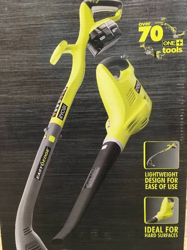 lot 13 image: Ryobi 18-Volt Lithium-Ion Cordless String TrimmerEdger and BlowerSweeper Combo open box like new.