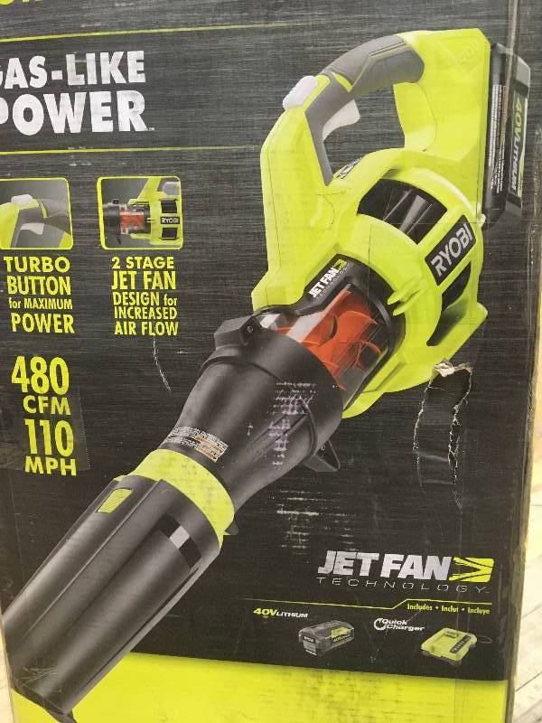 lot 25 image: Ryobi 110 MPH 480 CFM Variable-Speed Turbo 40-Volt Lithium-ion Cordless Jet Fan Leaf Blower battery and charger included open box like new