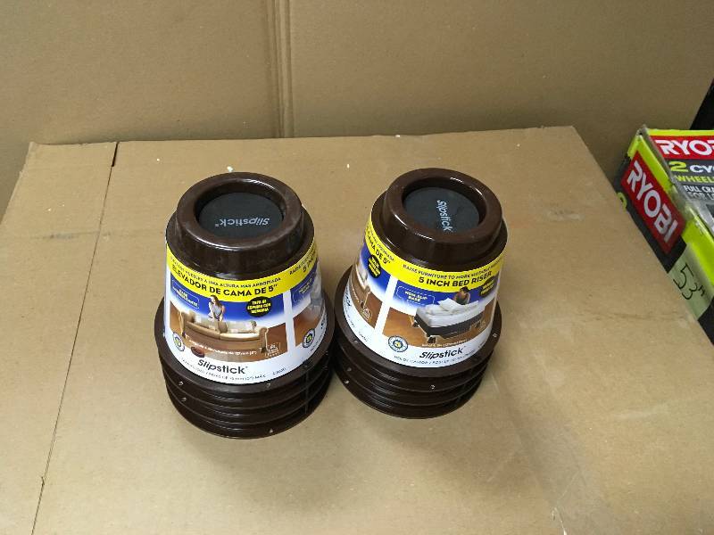lot 55 image: 2 Slipstick CB650 5 Inch Under Bed Storage Bed Risers  Furniture Risers, Adds 5 Height (sets of 4) new.