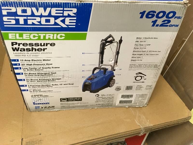 lot 66 image: The PowerStroke 1600 PSI Electric Pressure Washer open box like new.