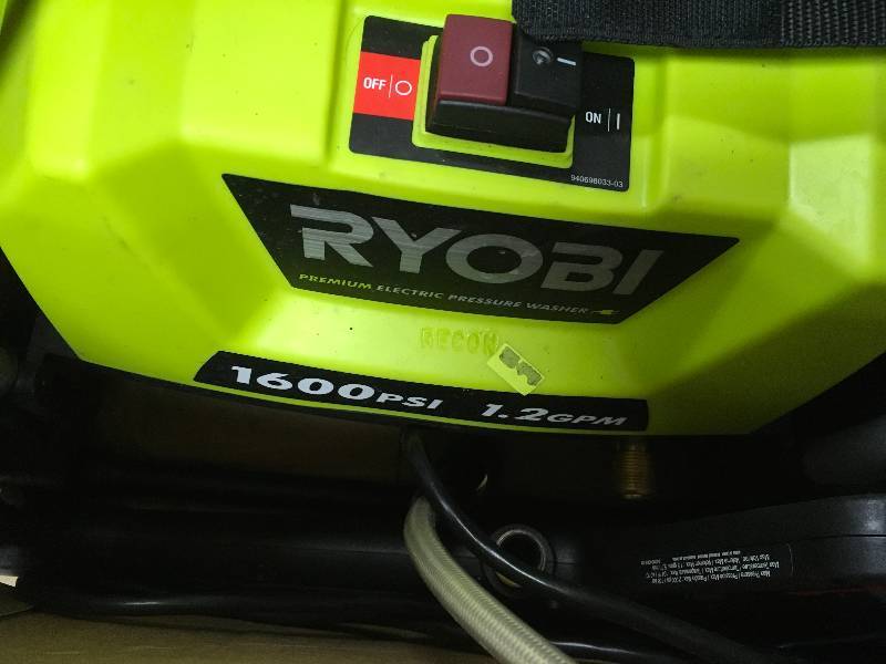 lot 93 image: Ryobi ZRRY141600 13 Amp 1,600 PSI 1.2 GPM Electric Pressure Washer open box like new condition.
