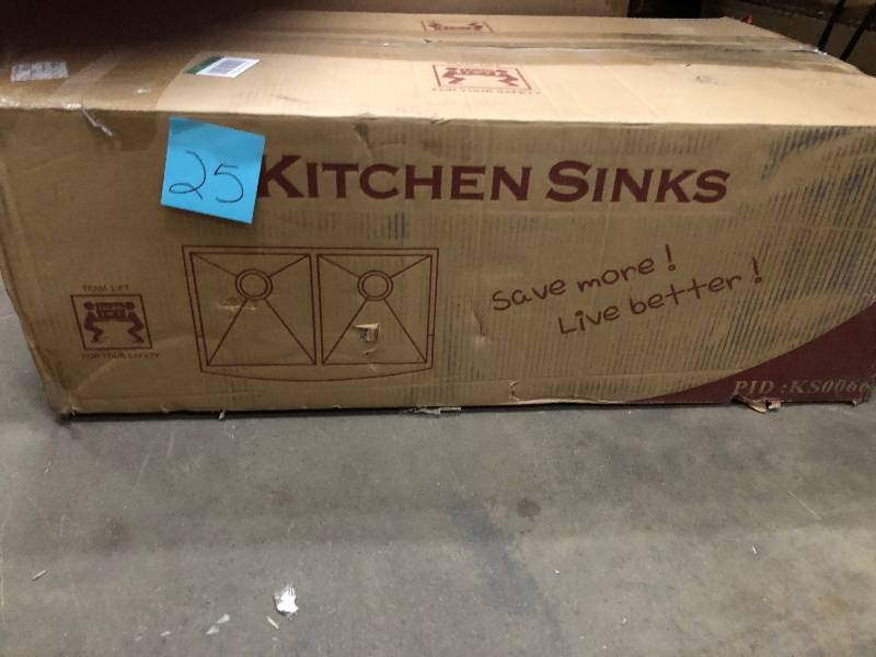 lot 25 image: AKDY 33 x 20 x 9 Apron Farmhouse Handmade Double Bowl Stainless Kitchen Sink Set not used