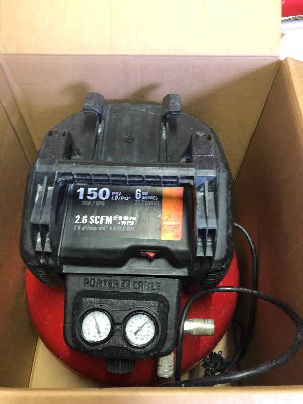 lot 85 image: Porter Cable Porter-Cable 6 Gal. 150 PSI Portable Electric Pancake Air Compressor in like new condition