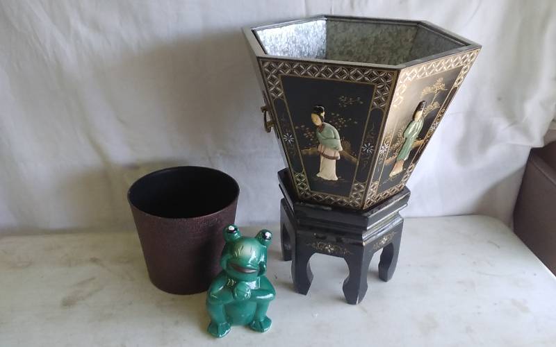 Fancy Asian Planter With Stand & Misc.