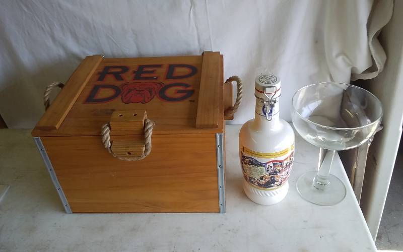 Red Dog Insulated Crate, Bavarian Decanter, Large Etched Cocktail Glass