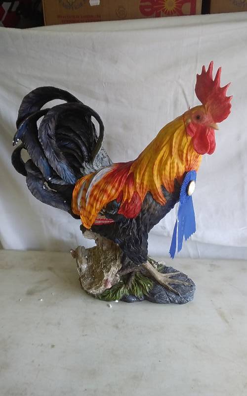 22 Inch Resin Rooster Statue With County Fair Blue Ribbon (Year Of The Rooster 2005)