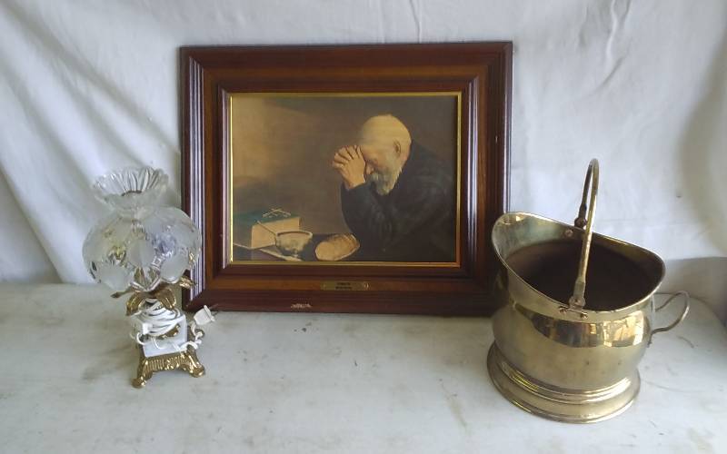 Framed Print Grace 19x15, Brass Scuttle, Brass & Crystal Lamp