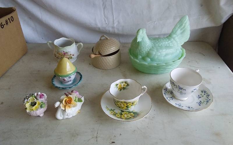 Green Glass Hen & Nest, Tea Cups & Misc.