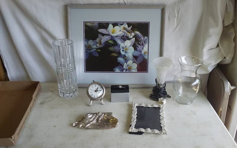 Framed Floral Picture, Small, Lamp, Fancy Frame, Alabaster Bracelet, Crystal Vase, Clock, More.