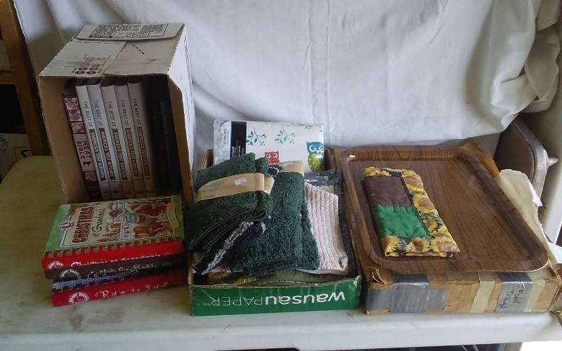 Metal Trays, Kitchen Linens (Most New), Assorted Cook Books