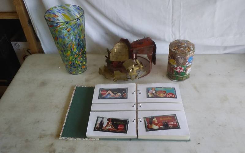 Glass Vase Trinket Tin, Vintage Tin Music Box, Album Of Coca-Cola Collector Cards In Mint Condition