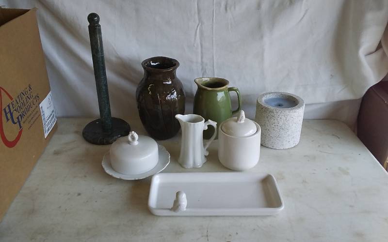 Assorted Pottery Pieces. Frames, Granite Candle Holder