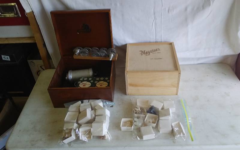 Cookie Press & Assorted Dies, 2-Vintage Wood Cabinets, Large Assortment Of Cultured Marble Animal Figurines