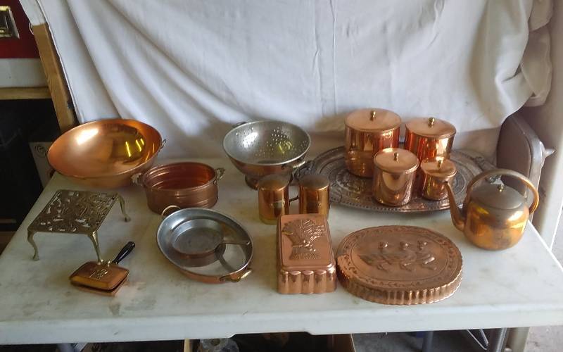 Assorted Copper & Brass, Canisters, Bowls, Molds, Pots, Pans, Salt & Pepper, More
