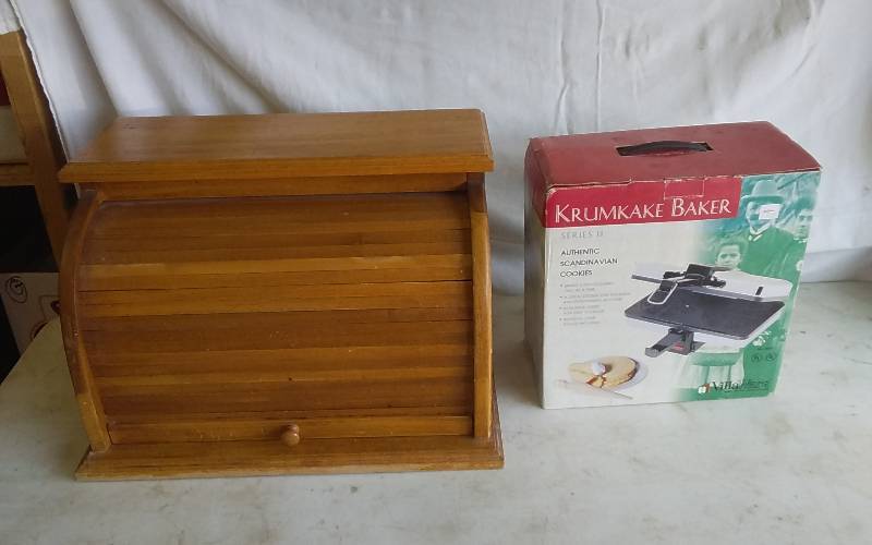 Wooden Bread Box, Krumkake Baker Set
