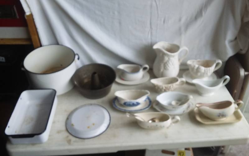 Collection Of Gravy Boats, Pitcher, Old Enamel Ware