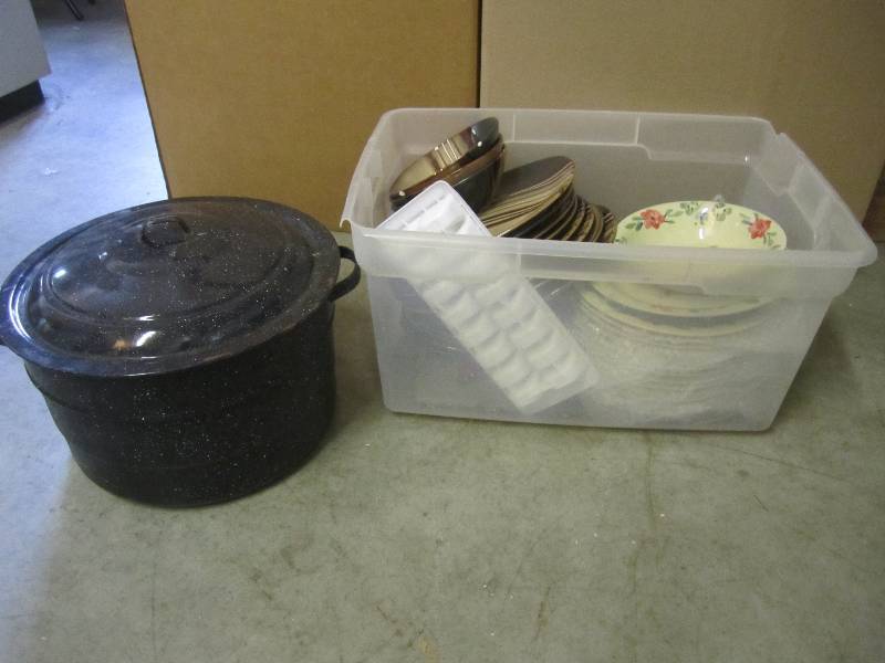 lot 186 image: Plastic Tote of Dishes Etc See Phot...