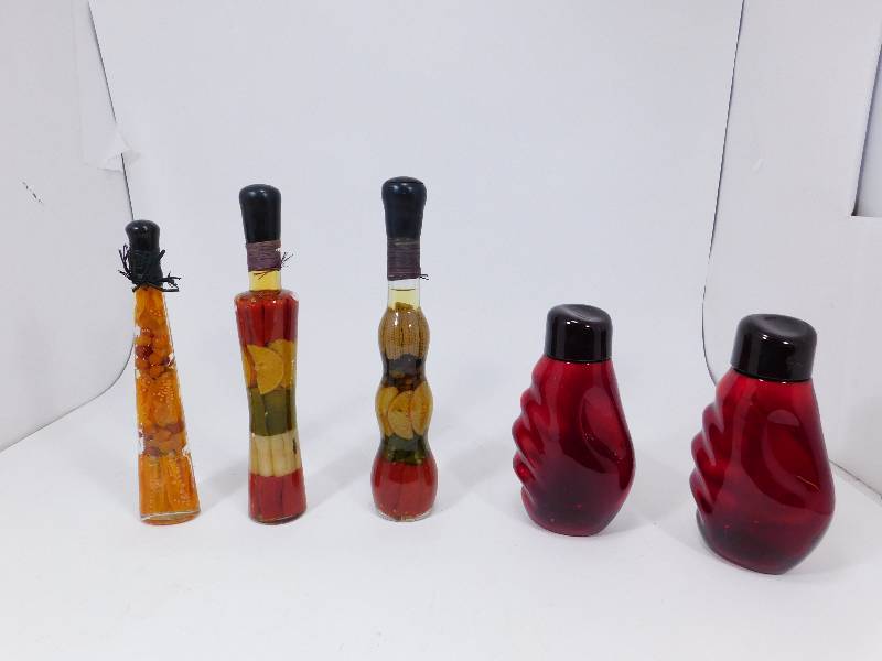 lot 19 image: Three Ornate Glass Jars W Vegetables Packed In Them       &       Two Red Ornate Glass Jars With Covers For Food Storage