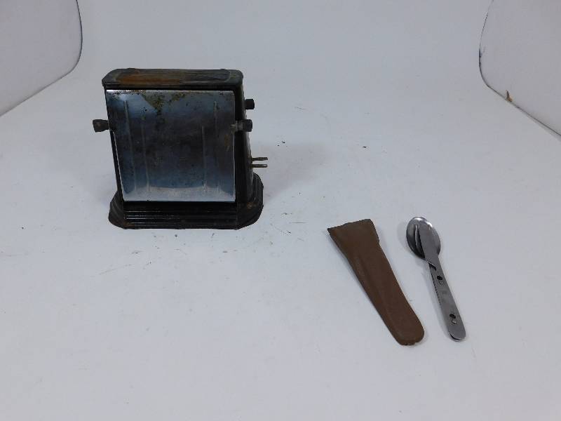 lot 50 image: Vintage Toaster &  Folding Camping Spoon, Fork, & Knife In Leather Case