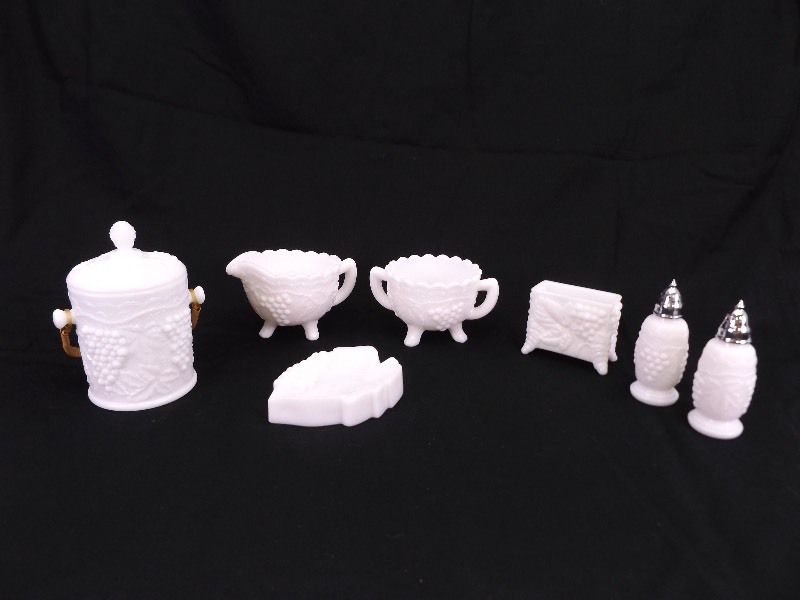 lot 22 image: Lot of Antique Imperial Milk Glass Creamer, Sugar, Salt, Pepper, etc. 