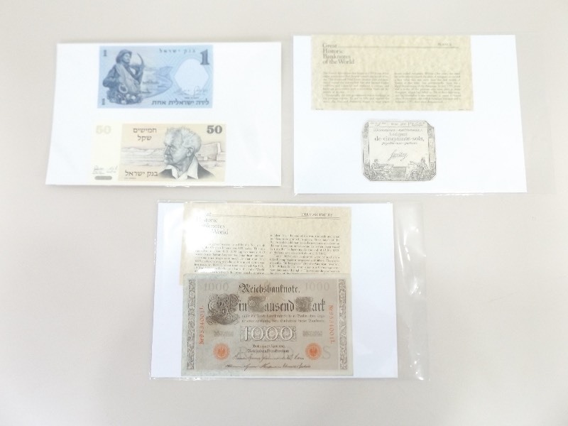 lot 36 image: Lot of Gem Mint Uncirculated Israel, Germany, and France Bank Notes