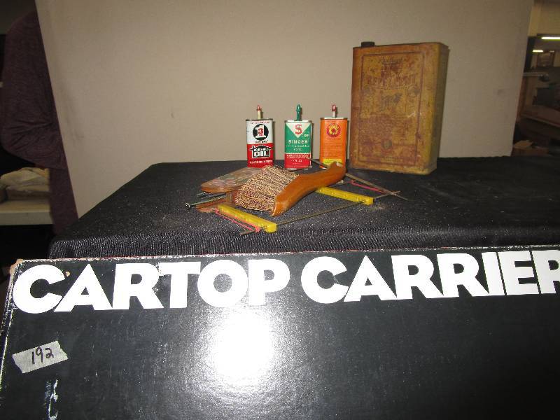 lot 4 image: Various Tins, Crochet Needles, Cartop Carrier (in box still)