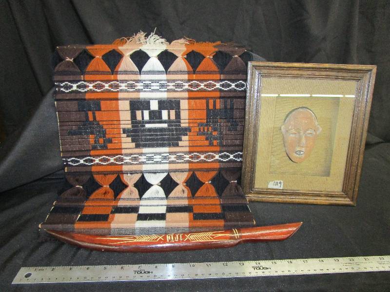 lot 29 image: Hand Wood Carved Knife, Face Framed and Tapestry