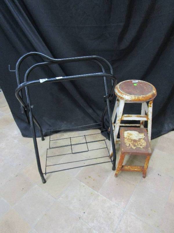lot 86 image: Metal Rack and Vintage Stool