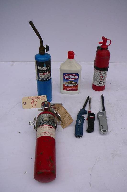 lot 91 image: Propane Torch, Charcoal Lighter, General Fire Extinguisher, 1 Kiddie Fire Extinguisher, 3 Stick Lighters