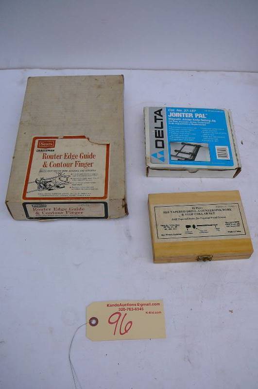 lot 96 image: Router edge guide & contour finger, jointer pal, HSS tapered drill, countersink, bore & stop collar set