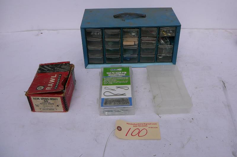 lot 100 image: 150 Piece hair pin assortment of cutter pins, bin with misc. jig saw glades, hitch pins, center punches, misc. hardware