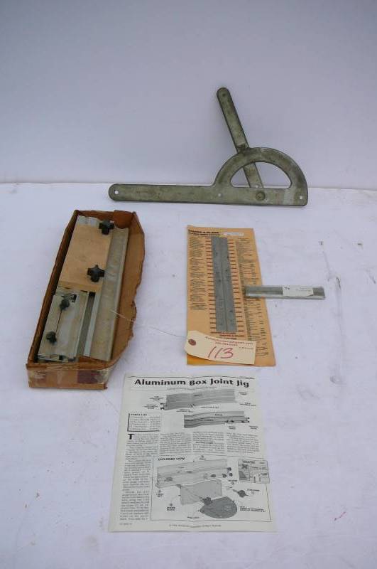 lot 113 image: Aluminum box joint jig, Planer, knife blades, adjustable angle finder