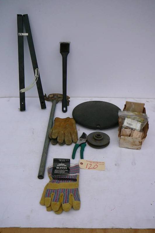 lot 120 image: 12 Conduit Bender, grill brush, garden shears, angle finder, bucket seat, gloves and misc. hardware and bucket