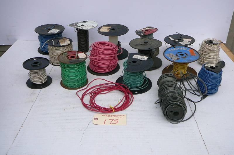lot 175 image: Large lot of wire, 12 gab blue solid copper, 16 ga, royal electric 16 gauge, and much more